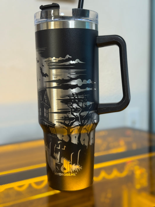 Engraved Haunted House Tumbler: 40oz Stainless Steel Halloween Travel Mug
