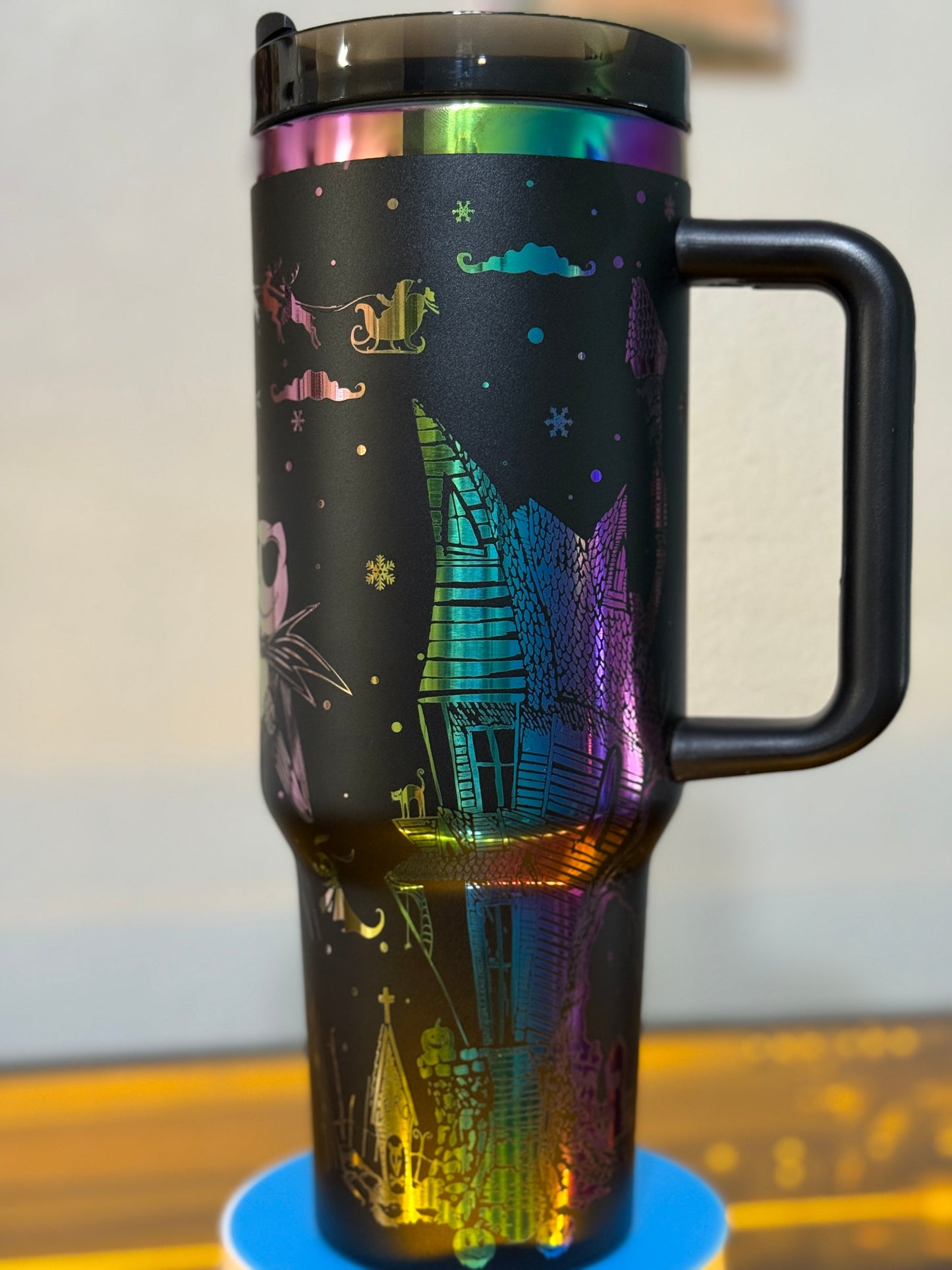 Nightmare Before Christmas 40oz Tumbler – Jack & Sally Halloween Town Cup – Black and Rainbow Stainless Steel Stanley Dupe – Spooky Season