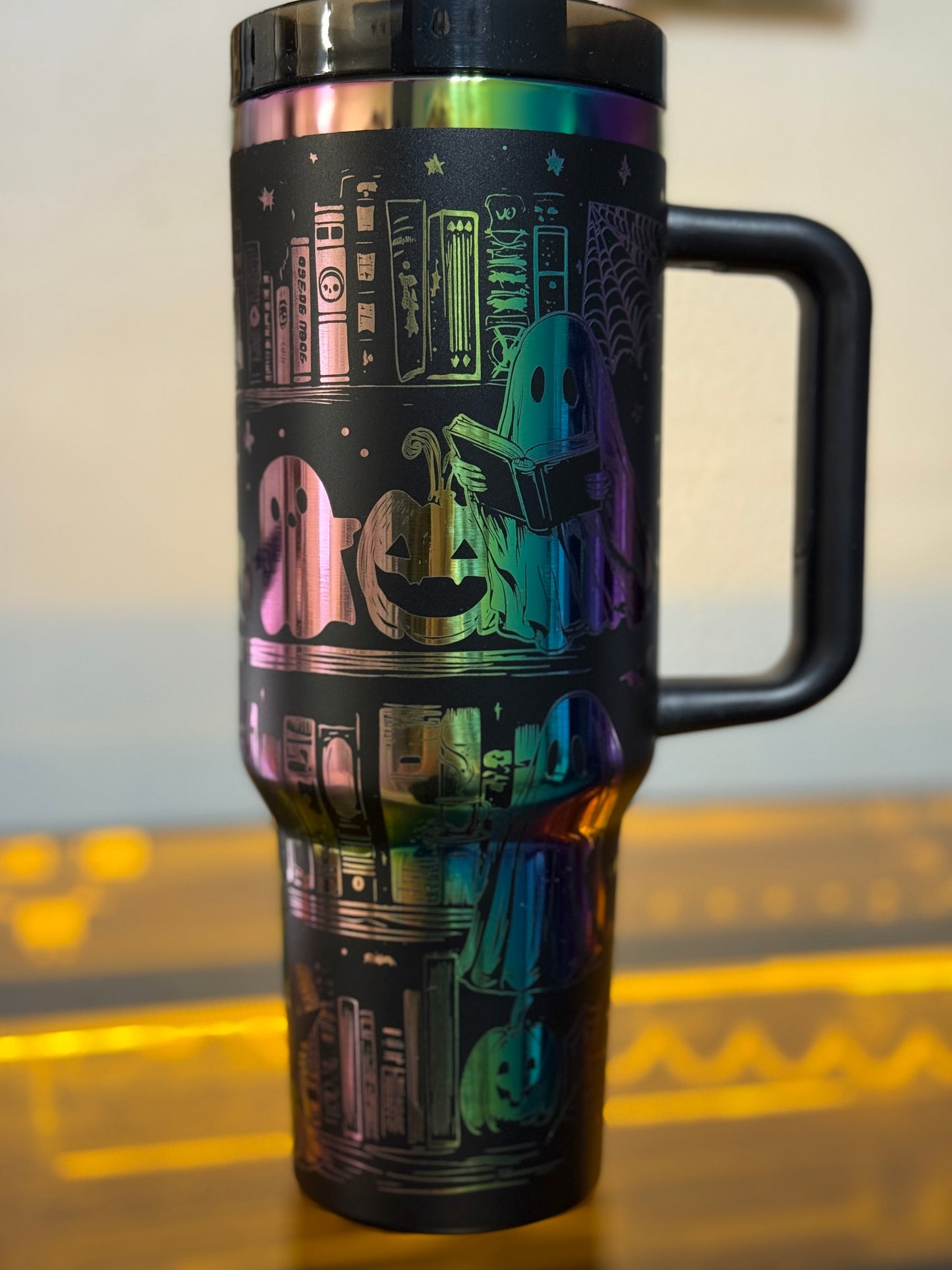 Ghost Library Tumbler – 40oz Black & Rainbow Stainless Steel Cup | Engraved Ghosts Reading in a Haunted Library