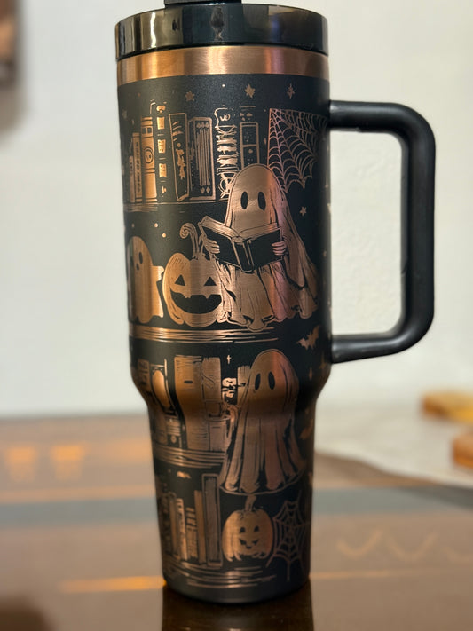 Ghost Library Tumbler – 40oz Black & Copper Stainless Steel Cup | Engraved Ghosts Reading in a Haunted Library