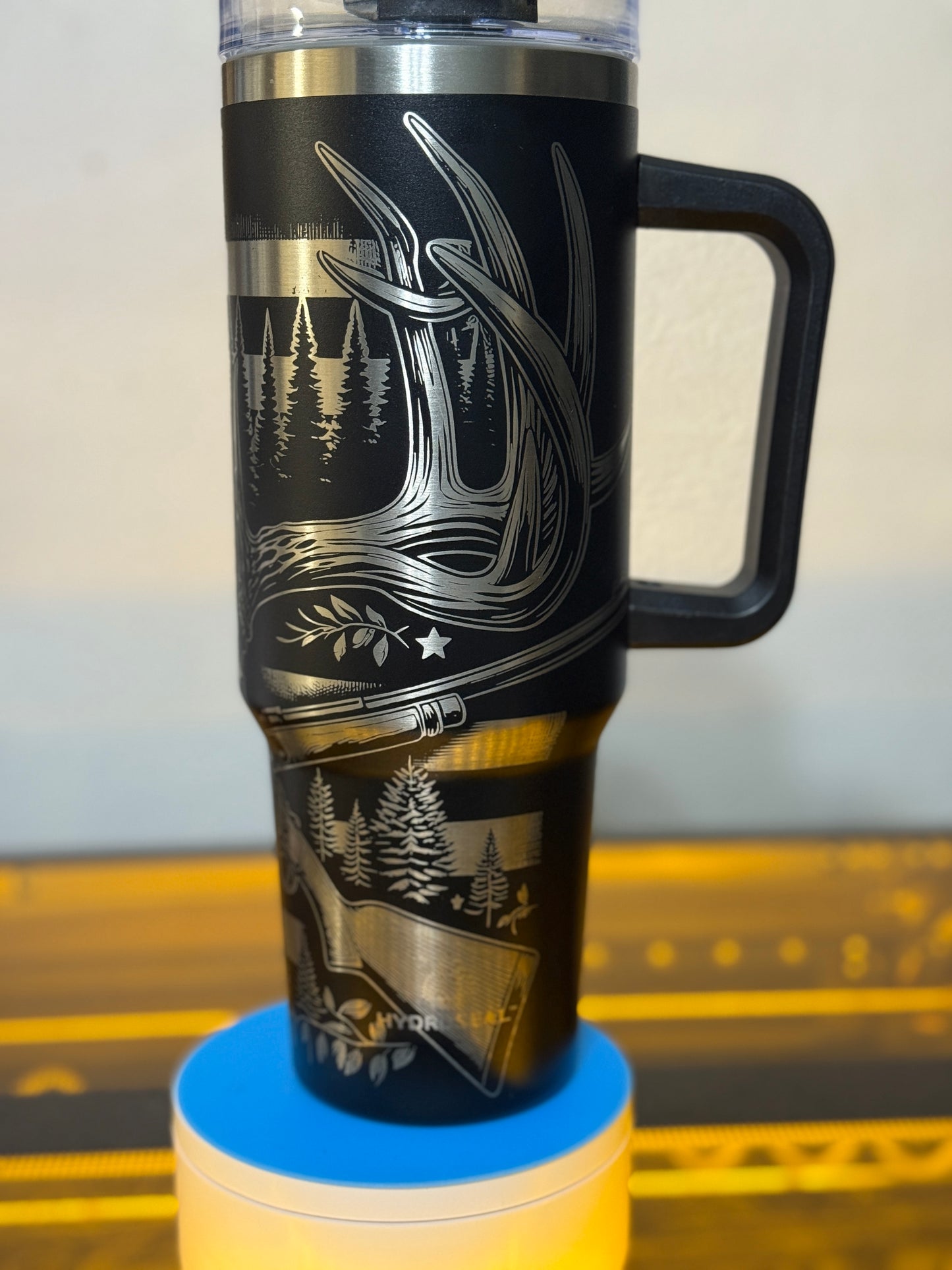 Hunting Tumbler | 40 oz Stainless Steel Travel Cup | Antler Skull and Forest Design | Black & Silver Engraved | Outdoorsman Gift