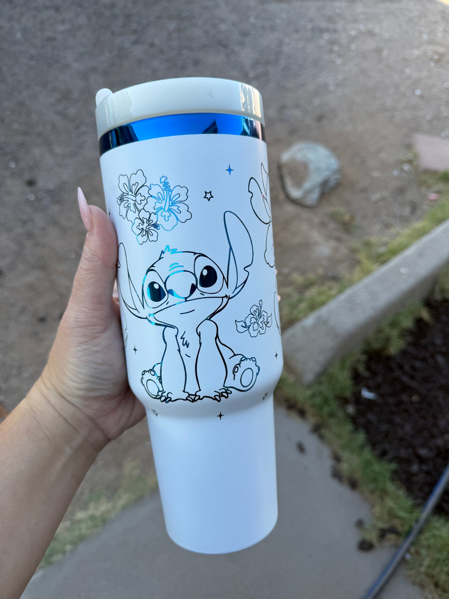 Laser Engraved 40oz White & Blue Stitch Tumbler | 3D Lid | Custom Gift | Disney Inspired Cup | Insulated Travel Mug