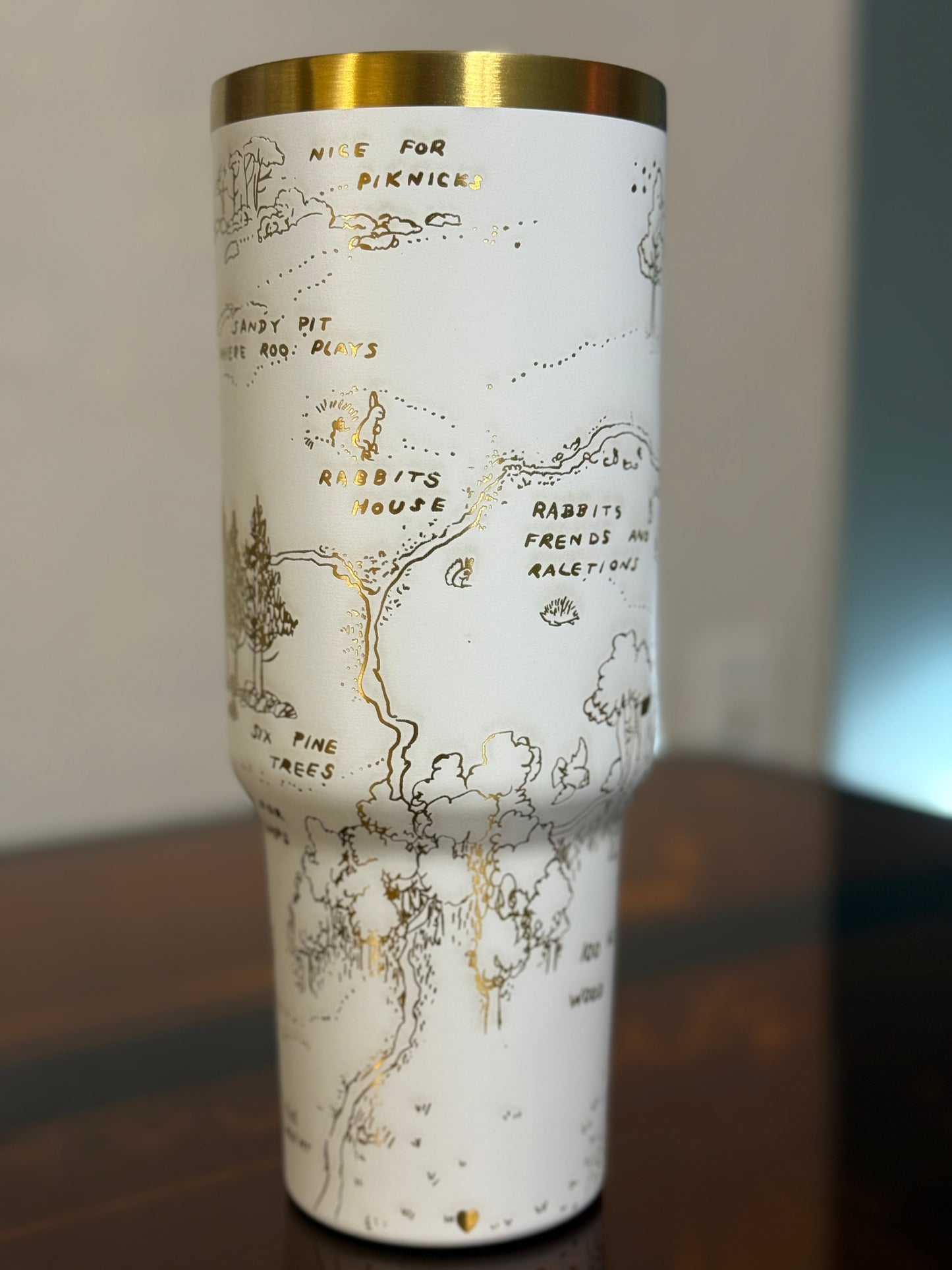 Winnie the Pooh Tumbler – 40oz Stainless Steel Travel Mug | Hundred Acre Wood Engraved Cup | White & Gold Tumbler