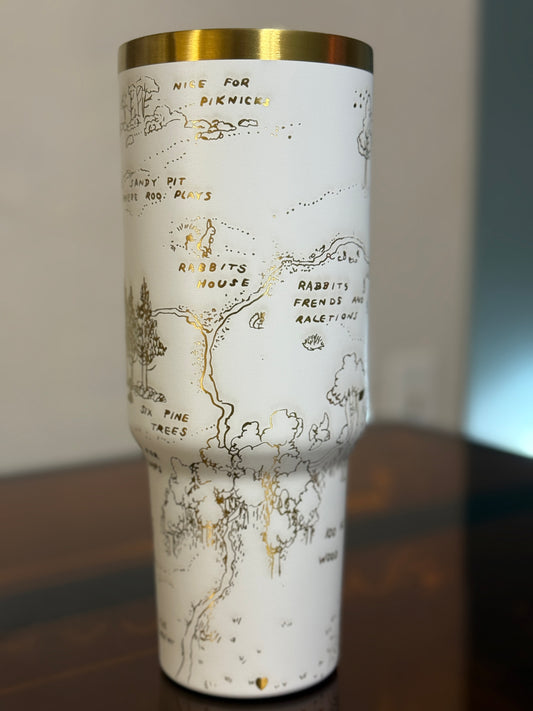 Winnie the Pooh Tumbler – 40oz Stainless Steel Travel Mug | Hundred Acre Wood Engraved Cup | White & Gold Tumbler