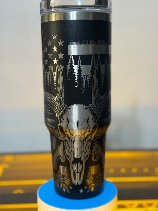 Hunting Tumbler | 40 oz Stainless Steel Travel Cup | Antler Skull and Forest Design | Black & Silver Engraved | Outdoorsman Gift
