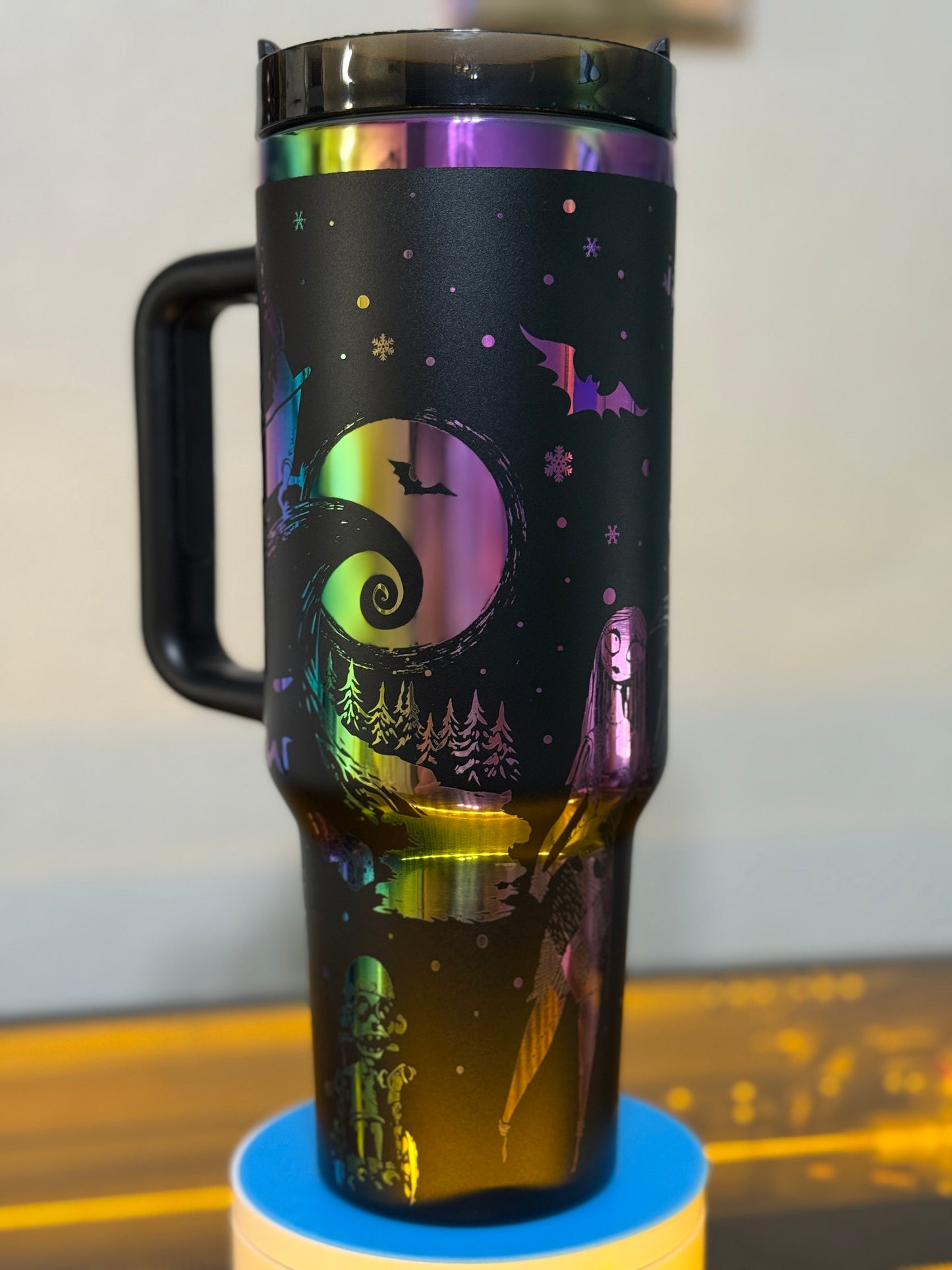Nightmare Before Christmas 40oz Tumbler – Jack & Sally Halloween Town Cup – Black and Rainbow Stainless Steel Stanley Dupe – Spooky Season