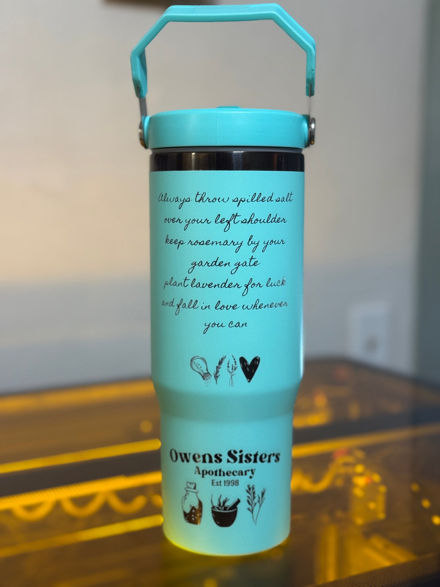 Practical Magic Midnight Margaritas Tumbler – 30oz Stainless Steel Cup | Turquoise & Black Engraved Witchy Drinkware