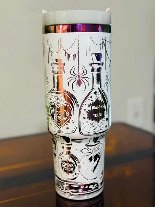 Halloween Potion Bottle Tumbler – 40oz Laser Engraved Stainless Steel Cup with Handle | Witch’s Brew, Love Potion, Poison Apple