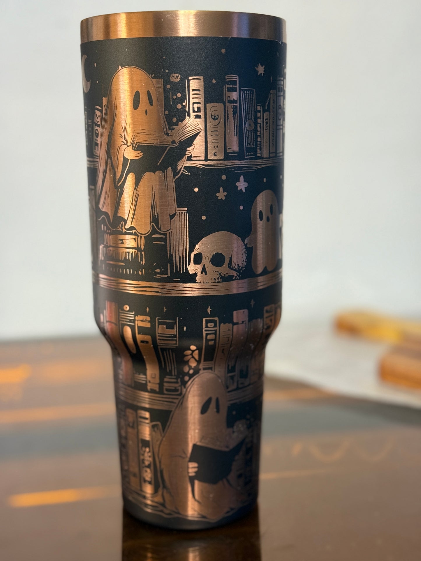 Ghost Library Tumbler – 40oz Black & Copper Stainless Steel Cup | Engraved Ghosts Reading in a Haunted Library