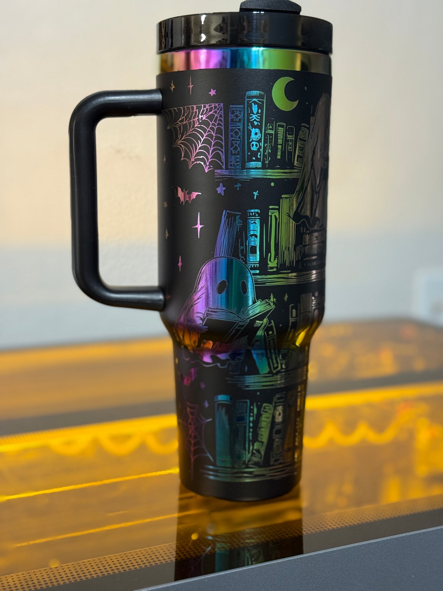Ghost Library Tumbler – 40oz Black & Rainbow Stainless Steel Cup | Engraved Ghosts Reading in a Haunted Library