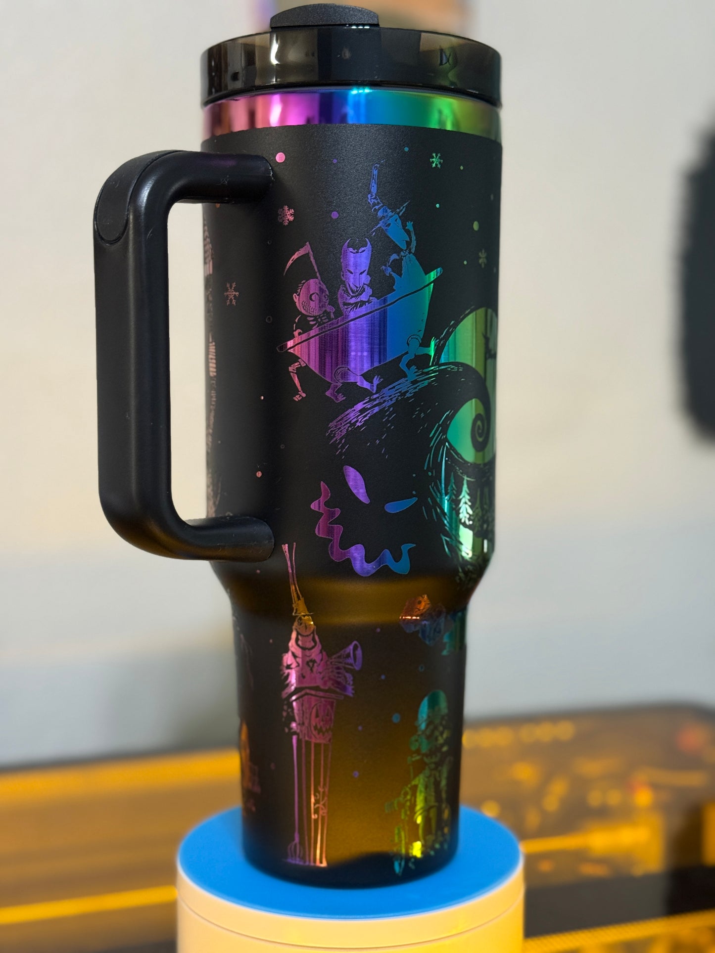 Nightmare Before Christmas 40oz Tumbler – Jack & Sally Halloween Town Cup – Black and Rainbow Stainless Steel Stanley Dupe – Spooky Season