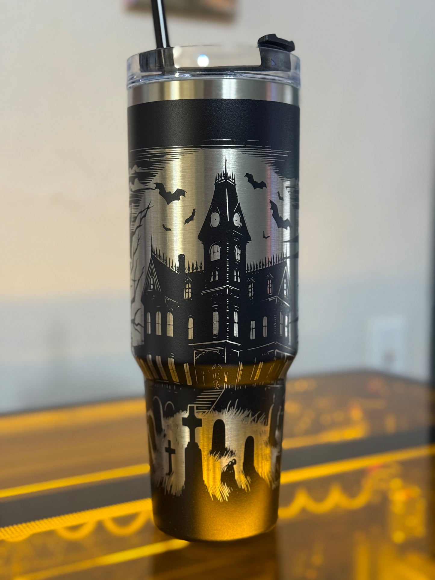 Engraved Haunted House Tumbler: 40oz Stainless Steel Halloween Travel Mug