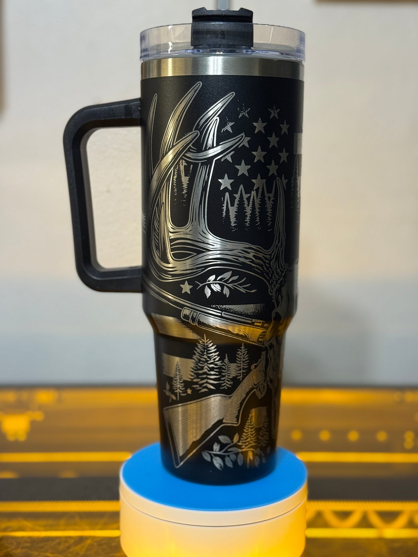 Hunting Tumbler | 40 oz Stainless Steel Travel Cup | Antler Skull and Forest Design | Black & Silver Engraved | Outdoorsman Gift