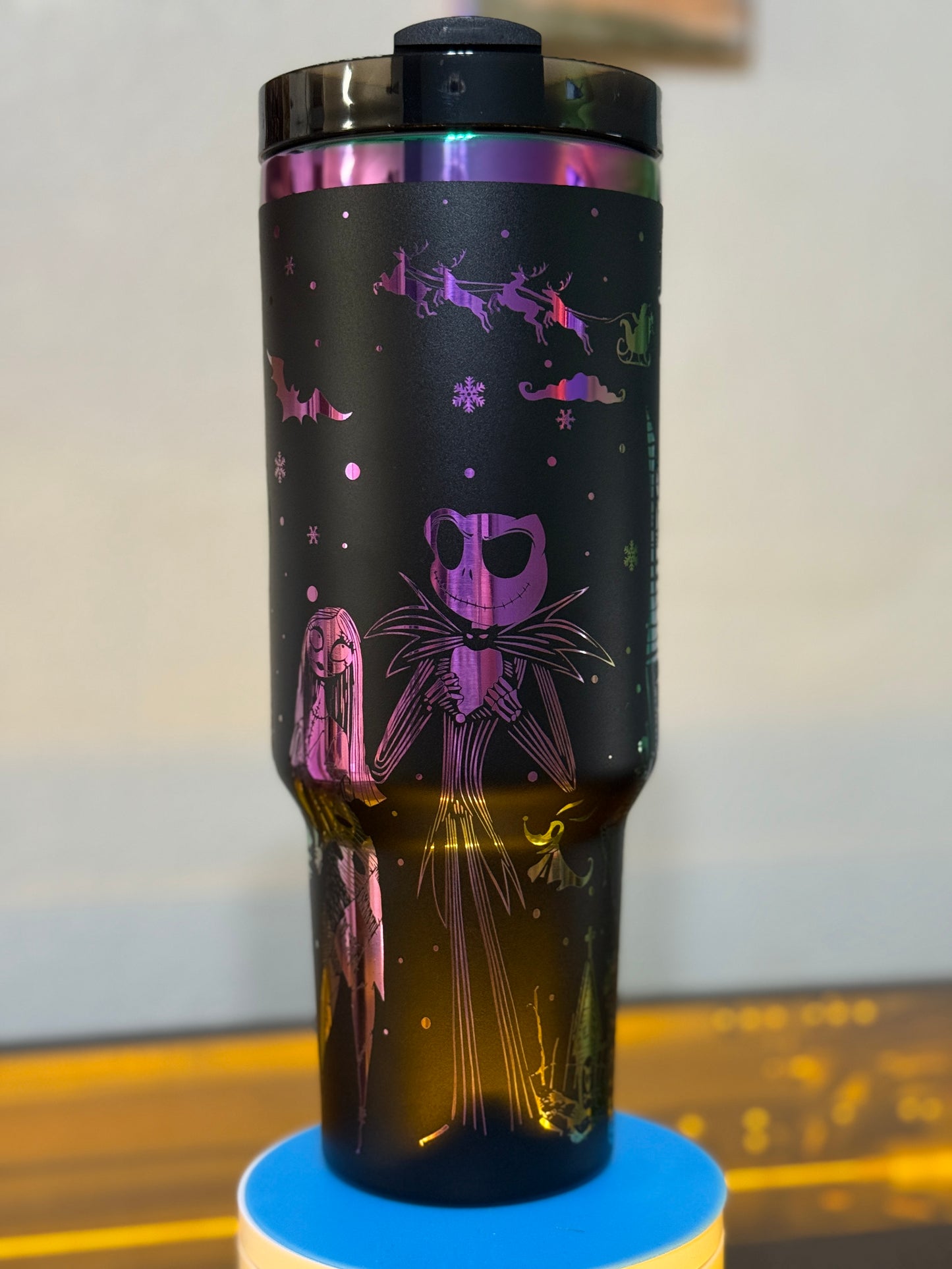 Nightmare Before Christmas 40oz Tumbler – Jack & Sally Halloween Town Cup – Black and Rainbow Stainless Steel Stanley Dupe – Spooky Season