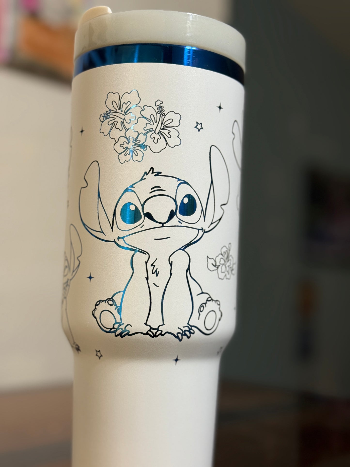 Laser Engraved 40oz White & Blue Stitch Tumbler | 3D Lid | Custom Gift | Disney Inspired Cup | Insulated Travel Mug