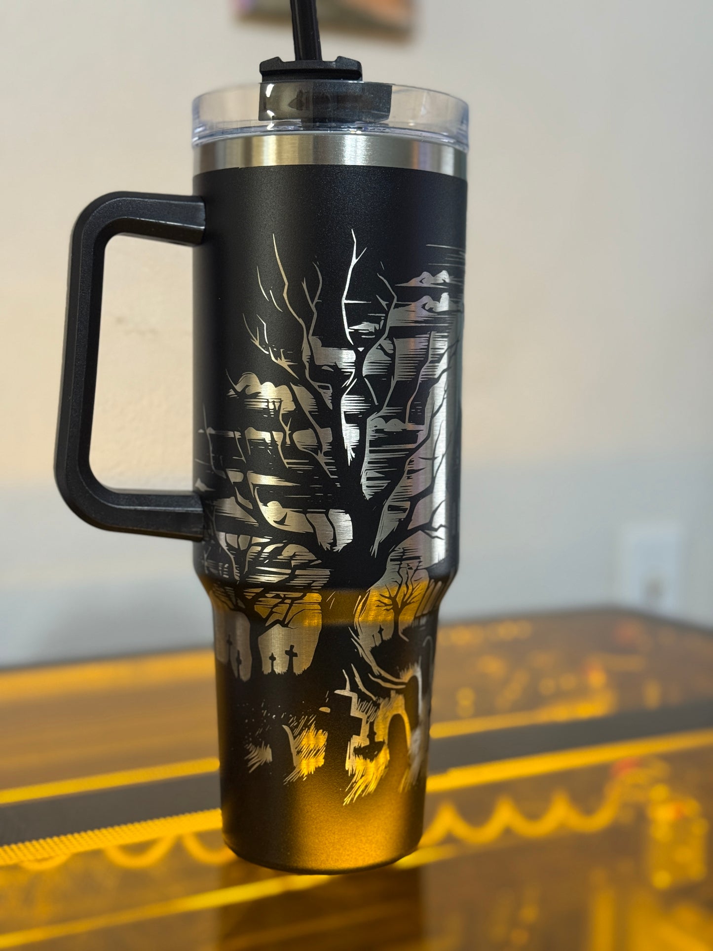 Engraved Haunted House Tumbler: 40oz Stainless Steel Halloween Travel Mug