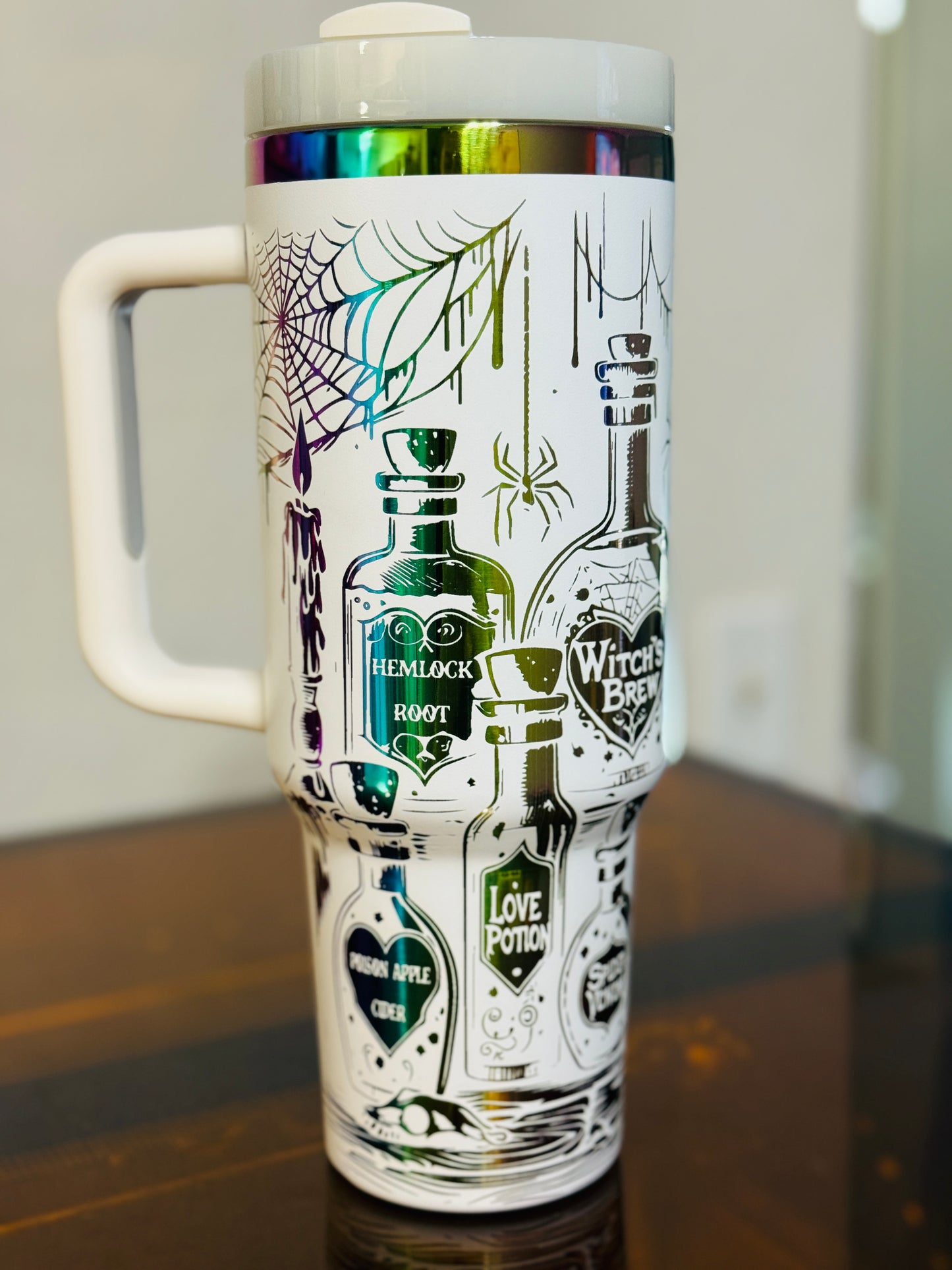 Halloween Potion Bottle Tumbler – 40oz Laser Engraved Stainless Steel Cup with Handle | Witch’s Brew, Love Potion, Poison Apple