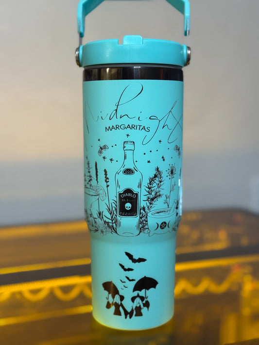 Practical Magic Midnight Margaritas Tumbler – 30oz Stainless Steel Cup | Turquoise & Black Engraved Witchy Drinkware