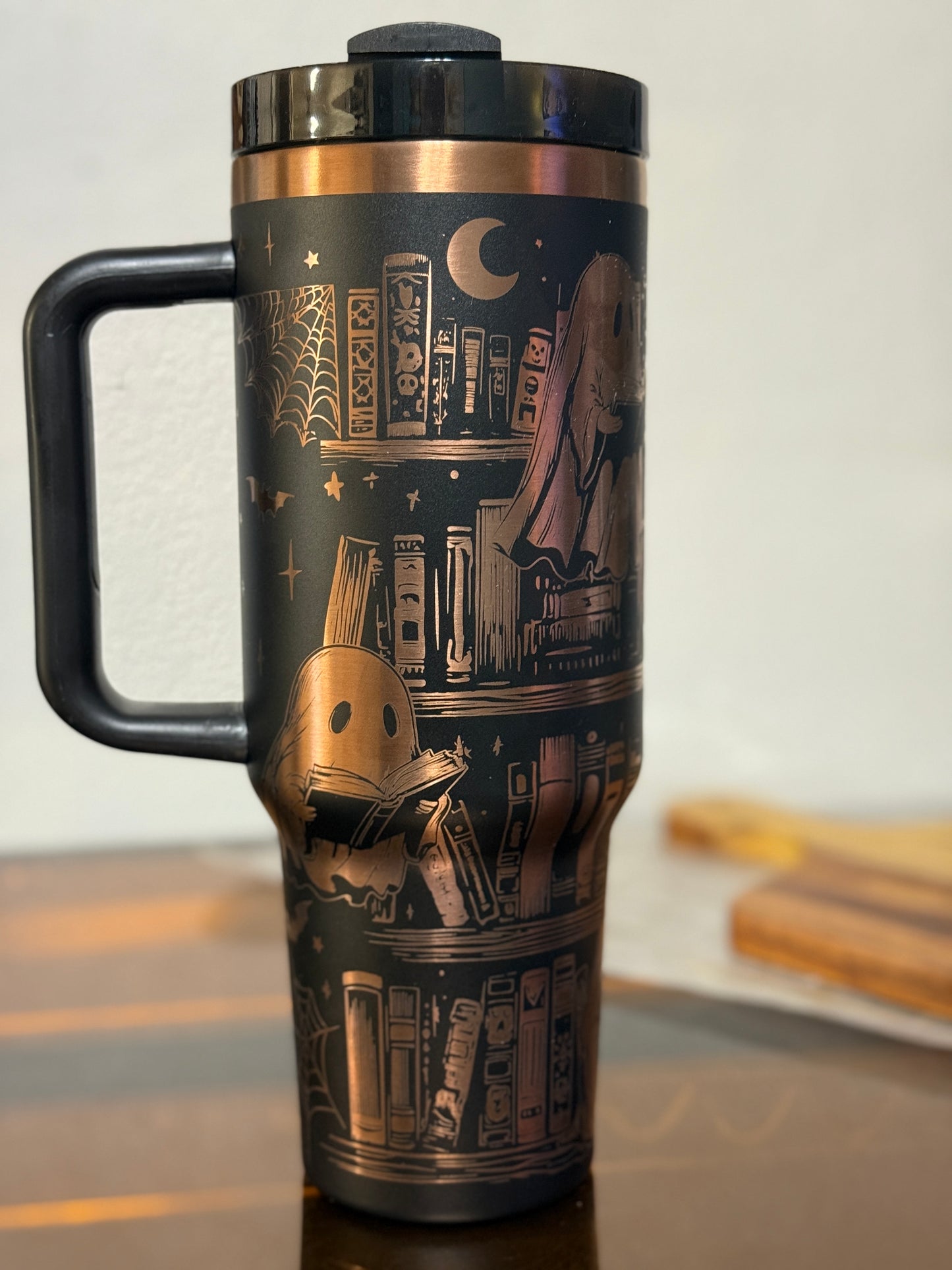 Ghost Library Tumbler – 40oz Black & Copper Stainless Steel Cup | Engraved Ghosts Reading in a Haunted Library