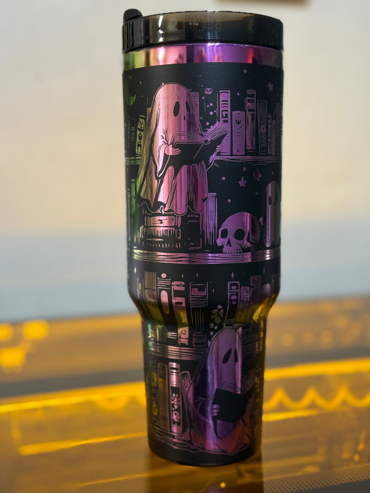 Ghost Library Tumbler – 40oz Black & Rainbow Stainless Steel Cup | Engraved Ghosts Reading in a Haunted Library