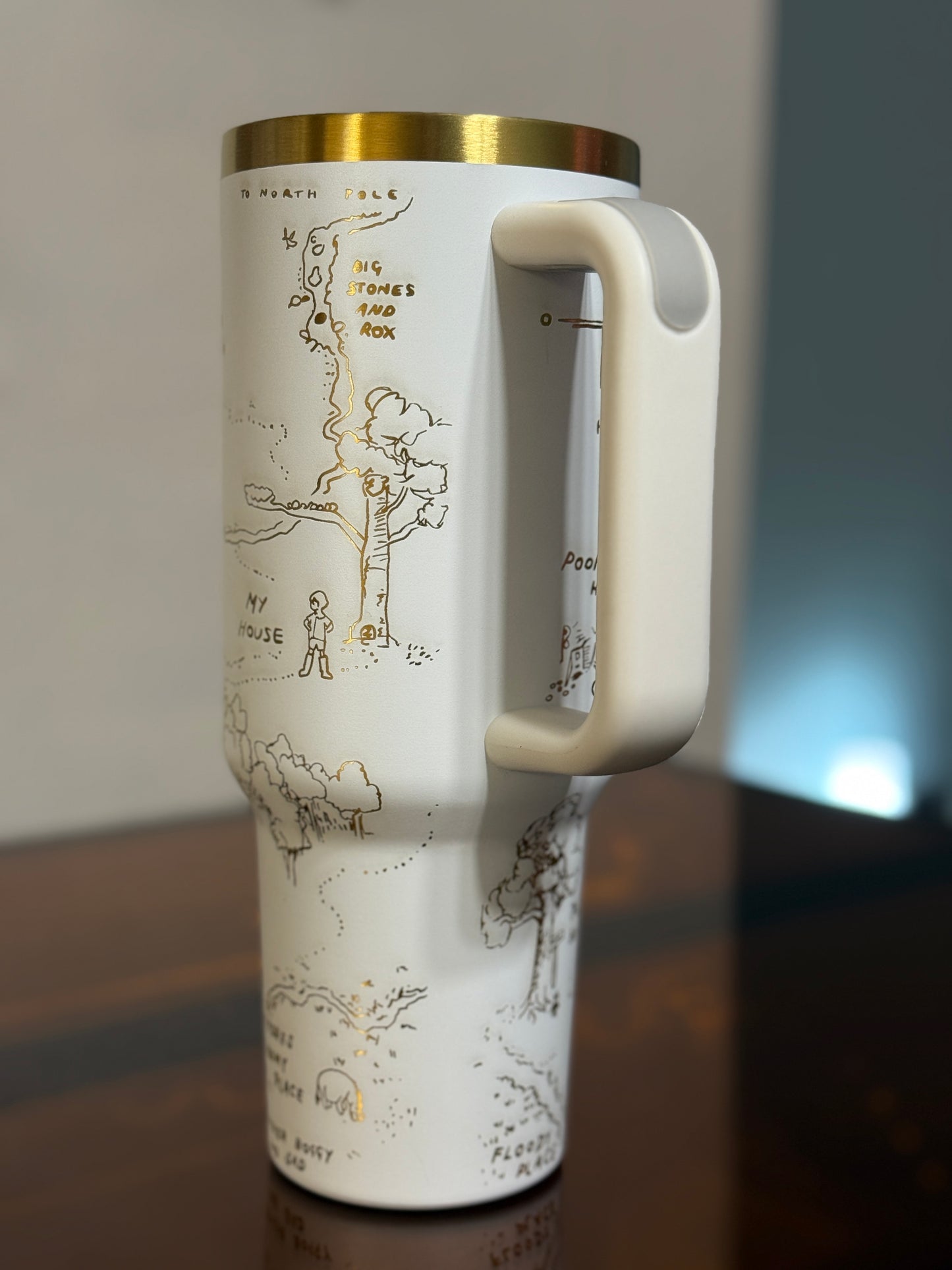 Winnie the Pooh Tumbler – 40oz Stainless Steel Travel Mug | Hundred Acre Wood Engraved Cup | White & Gold Tumbler