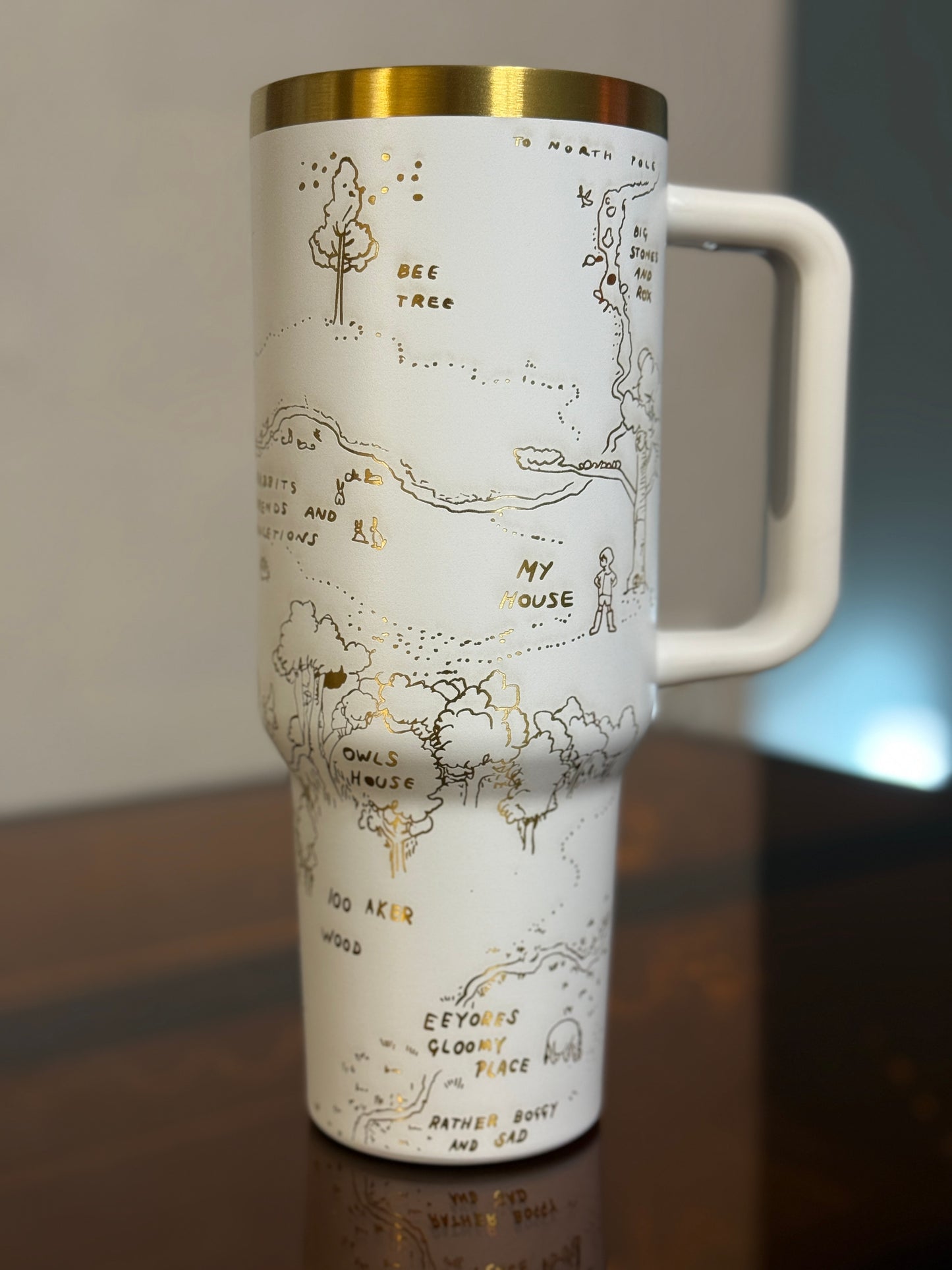 Winnie the Pooh Tumbler – 40oz Stainless Steel Travel Mug | Hundred Acre Wood Engraved Cup | White & Gold Tumbler