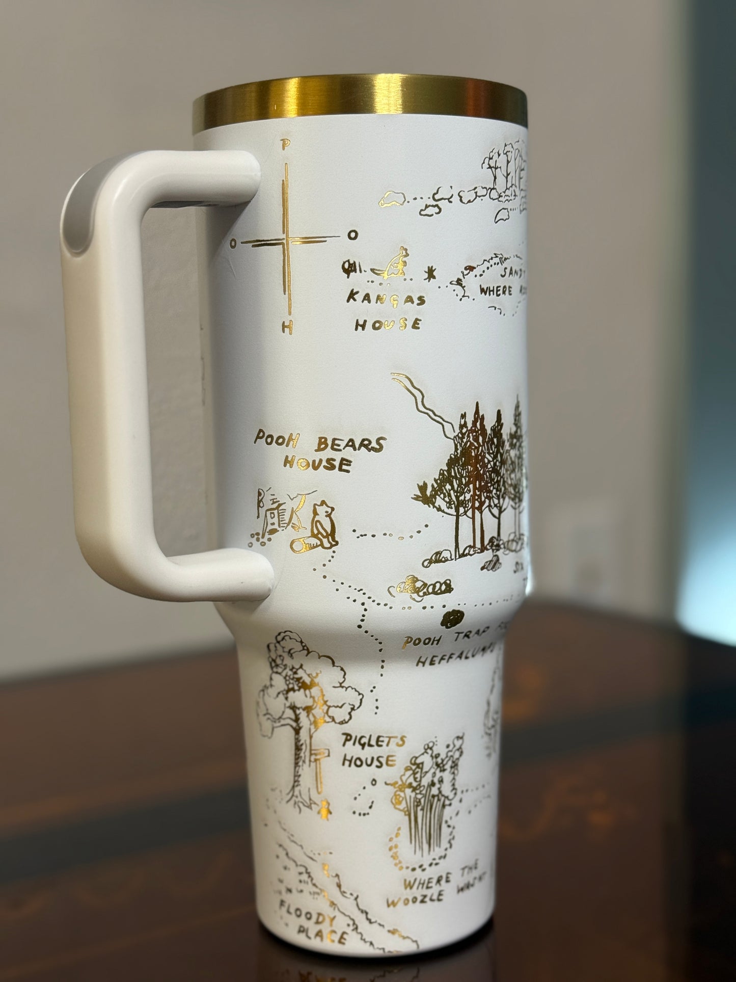 Winnie the Pooh Tumbler – 40oz Stainless Steel Travel Mug | Hundred Acre Wood Engraved Cup | White & Gold Tumbler