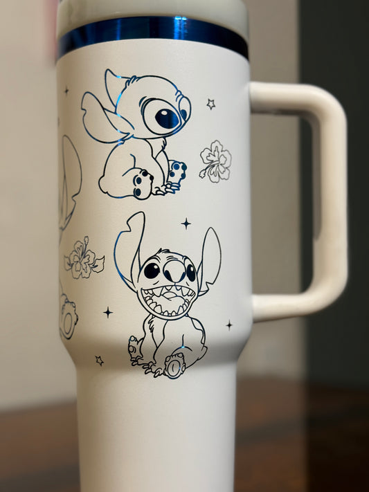 Laser Engraved 40oz White & Blue Stitch Tumbler | 3D Lid | Custom Gift | Disney Inspired Cup | Insulated Travel Mug
