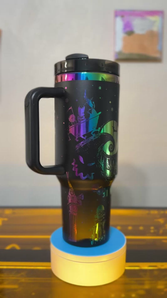 Nightmare Before Christmas 40oz Tumbler – Jack & Sally Halloween Town Cup – Black and Rainbow Stainless Steel Stanley Dupe – Spooky Season