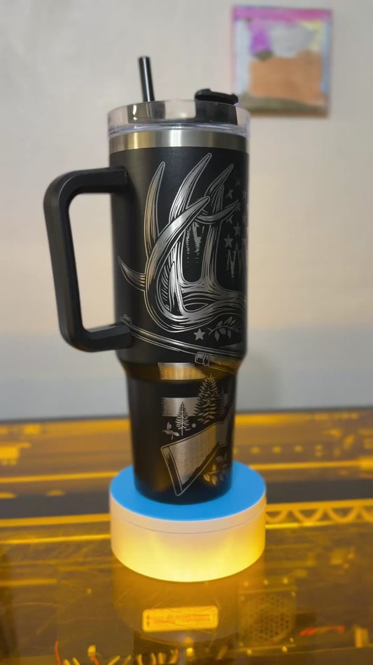 Hunting Tumbler | 40 oz Stainless Steel Travel Cup | Antler Skull and Forest Design | Black & Silver Engraved | Outdoorsman Gift
