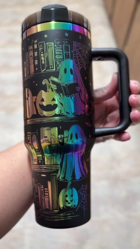 Ghost Library Tumbler – 40oz Black & Rainbow Stainless Steel Cup | Engraved Ghosts Reading in a Haunted Library