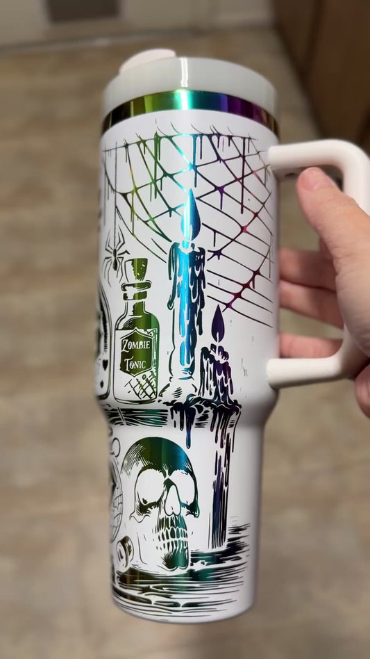 Halloween Potion Bottle Tumbler – 40oz Laser Engraved Stainless Steel Cup with Handle | Witch’s Brew, Love Potion, Poison Apple